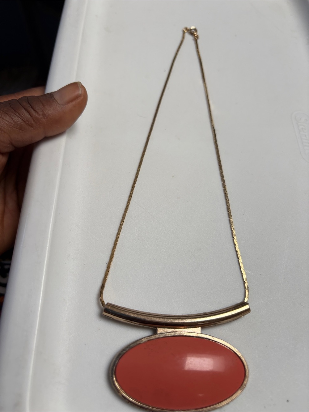 1609 Gold-Tone cobra Necklace with Coral Oval Pendant - Women Jewelry